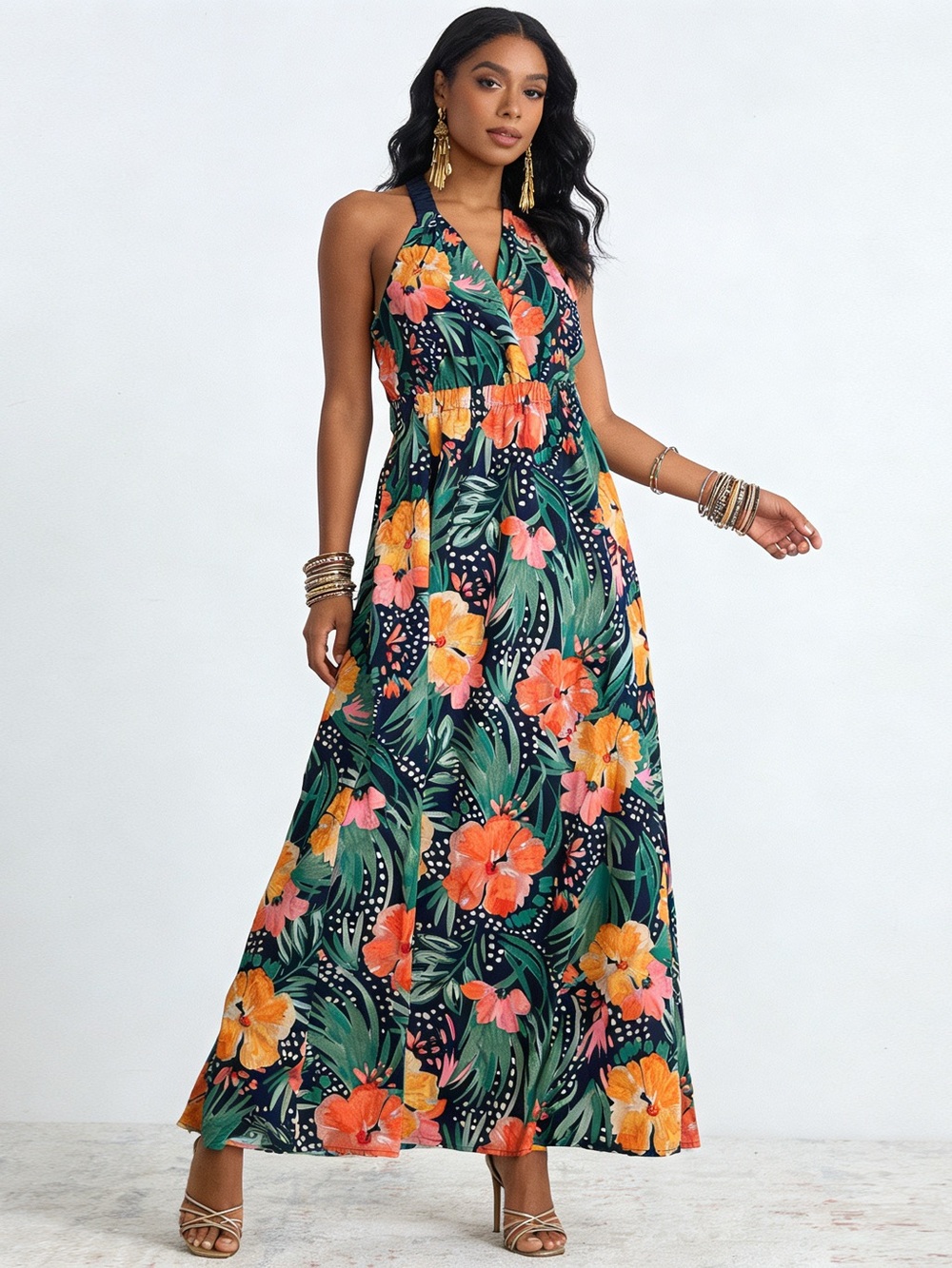 Dress Forum Tropical Halter Maxi Dress in Navy with Orange & Yellow Florals